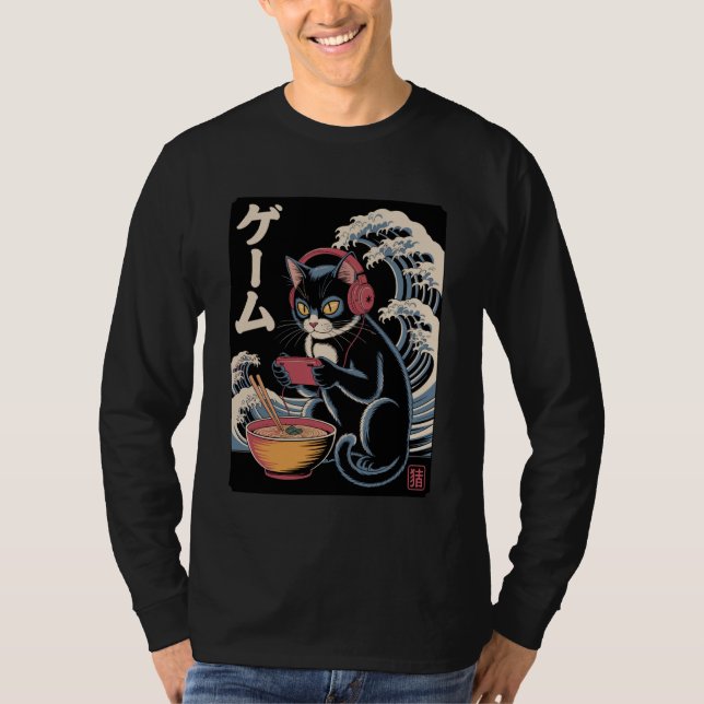 Camiseta Anime Cat Eating Ramen Japanese Wave Kawaii Neko K (Anverso)
