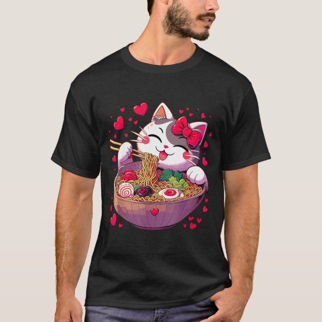 Camiseta Anime Cat Eating Ramen Noodles With Hearts Valenti (Anverso)