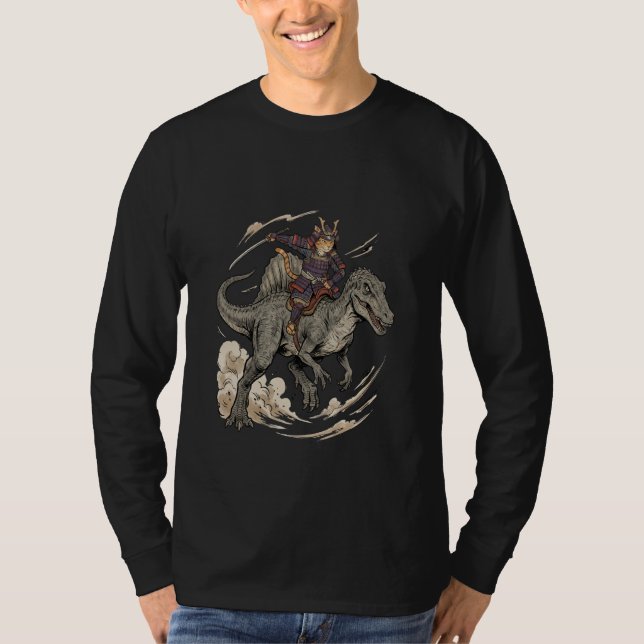 Camiseta Anime Cat Funny Samurai Cat Riding Dinosaur Spinos (Anverso)