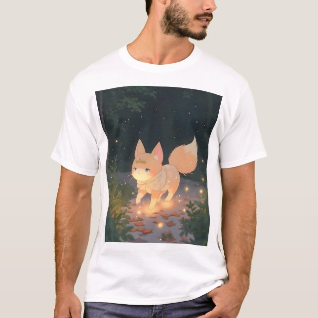 Camiseta Anime Celestial Fox en un bosque iluminado por est (Anverso)
