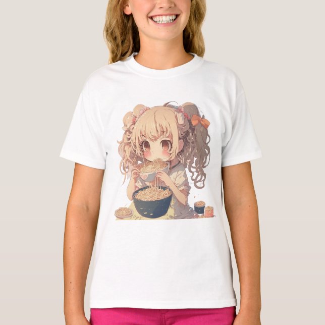 Camiseta Anime Chica comiendo fideos de Ramen (Anverso)
