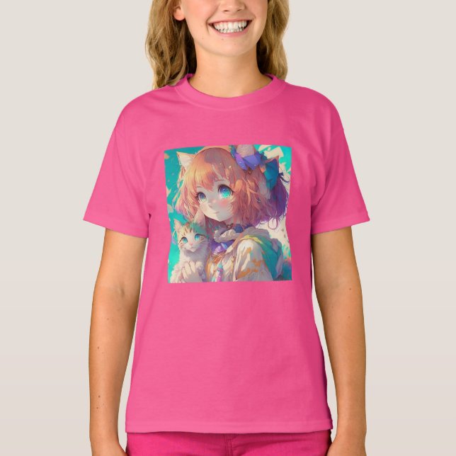 Camiseta Anime Chica sostiene un gatito adorable (Anverso)