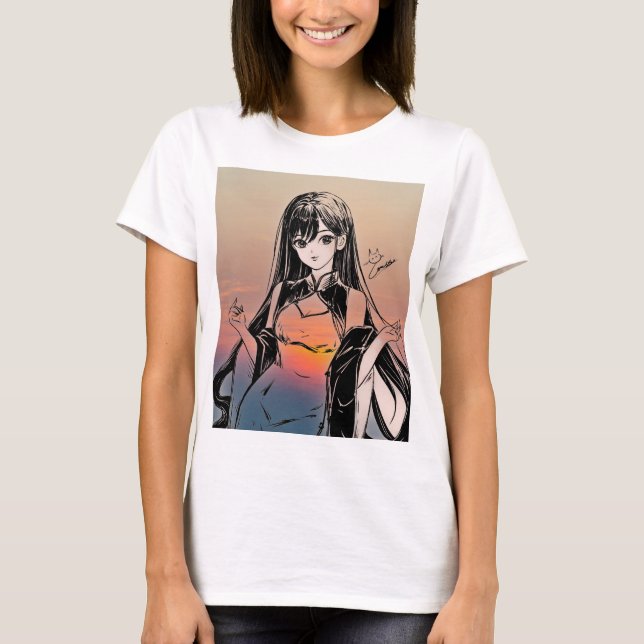 Camiseta Anime Chica Sunset Art T Shirt Round Neck (Anverso)