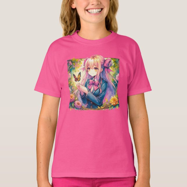 Camiseta Anime Chica y Butterfly Watercolor (Anverso)