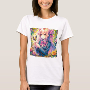 Camiseta Anime Chica y Butterfly Watercolor