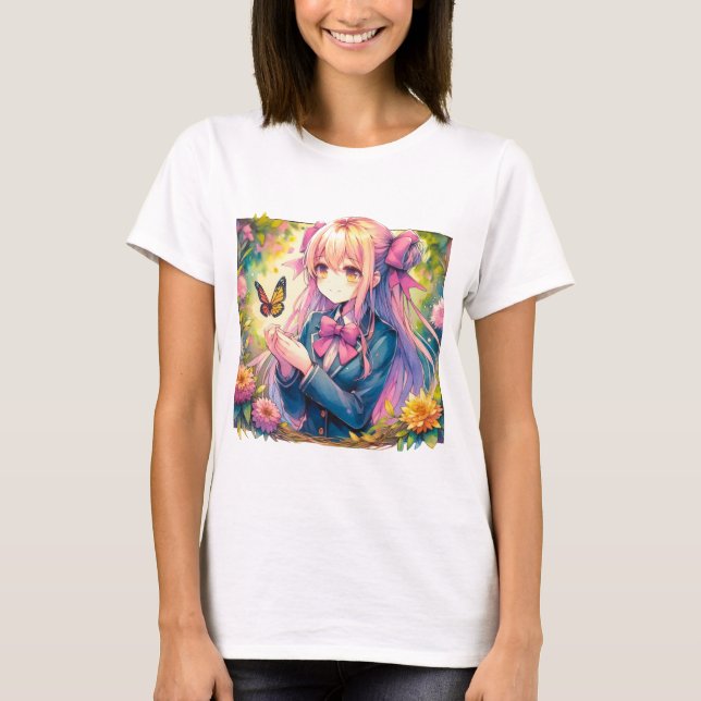 Camiseta Anime Chica y Butterfly Watercolor (Anverso)