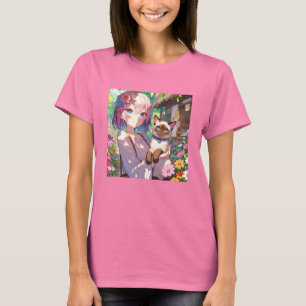 Camiseta Anime Chica y gato siamés