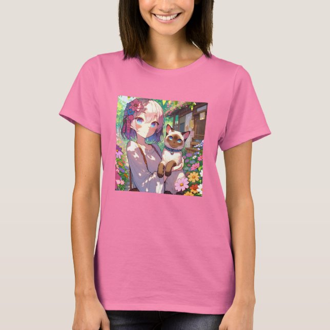 Camiseta Anime Chica y gato siamés (Anverso)