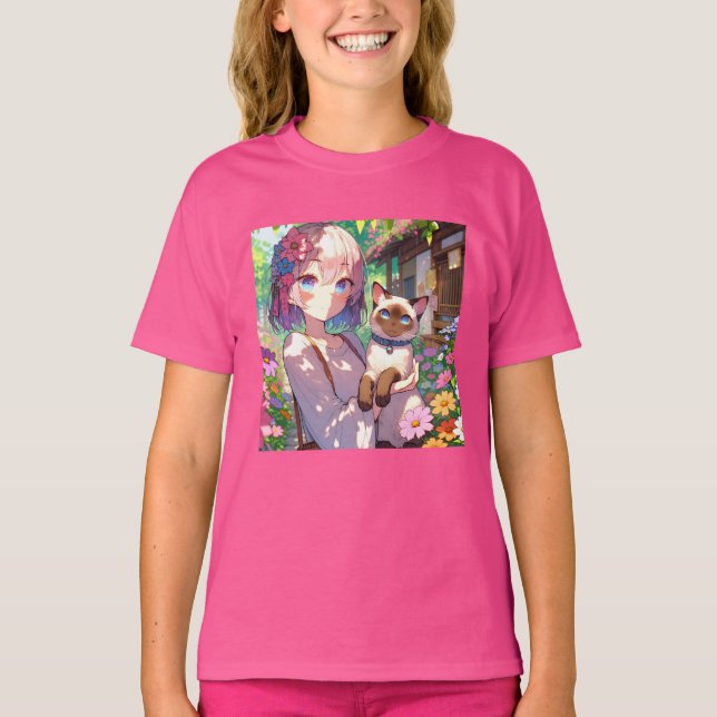 Camiseta Anime Chica y gato siamés (Anverso)