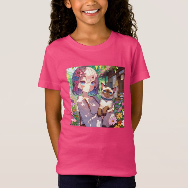 Camiseta Anime Chica y gato siamés (Anverso)