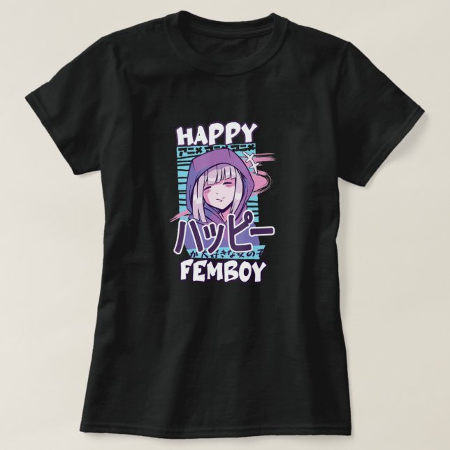 Camiseta Anime Feliz Femboy con alegría en japonés - dulce  (Diseño del anverso)