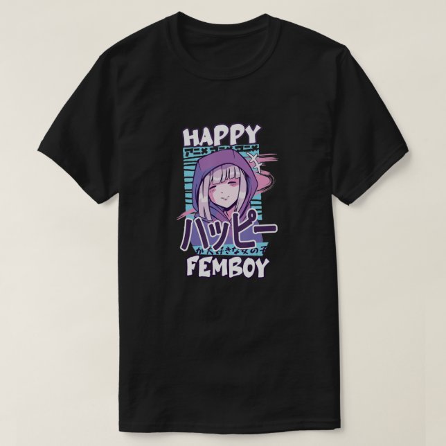 Camiseta Anime Feliz Femboy con alegría en japonés - dulce  (Diseño del anverso)