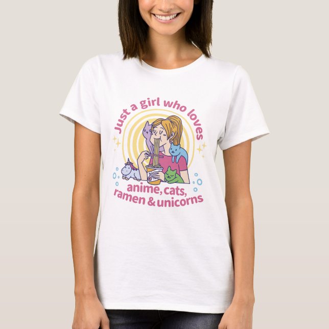 Camiseta Anime, gatos, Ramen y Unicornios (Anverso)