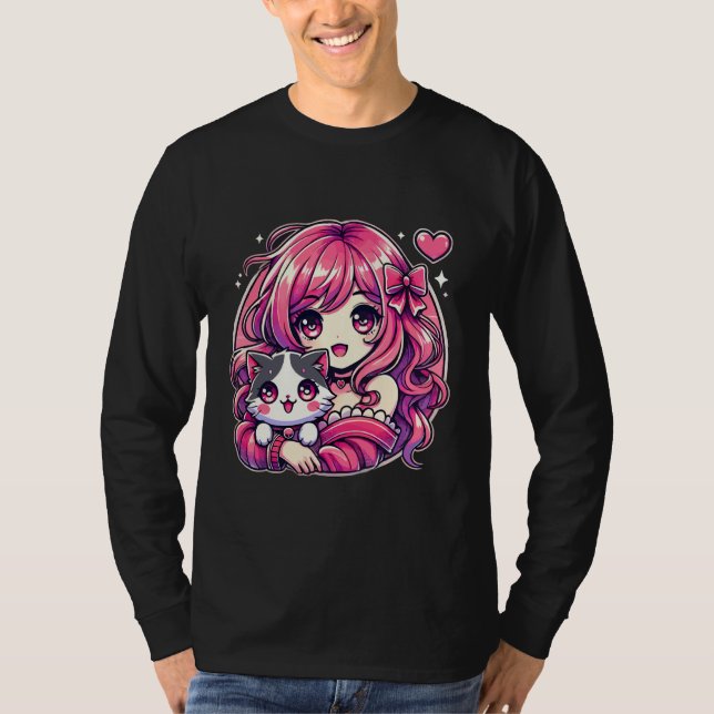 Camiseta Anime Girl and Cat Kawaii Manga Girl (Anverso)