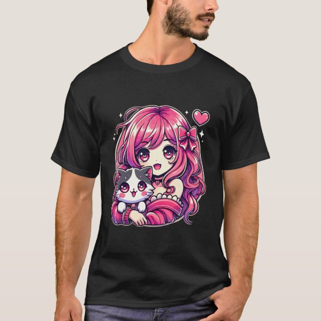 Camiseta Anime Girl and Cat Kawaii Manga Girl (Anverso)