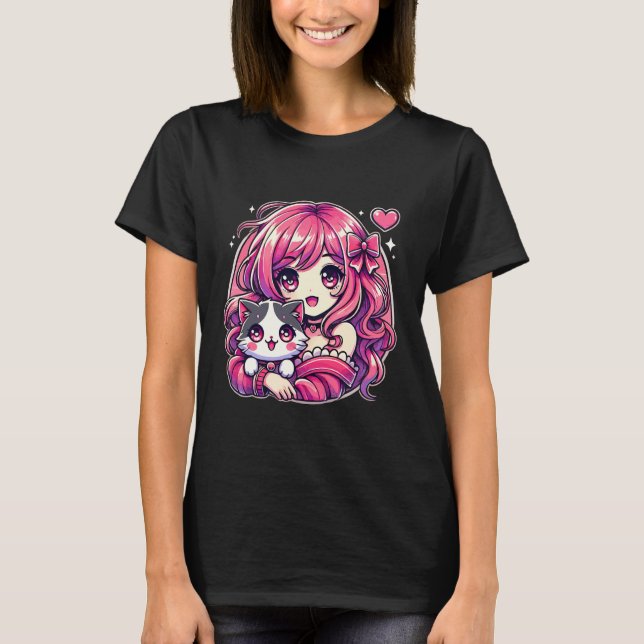 Camiseta Anime Girl and Cat Kawaii Manga Girl (Anverso)