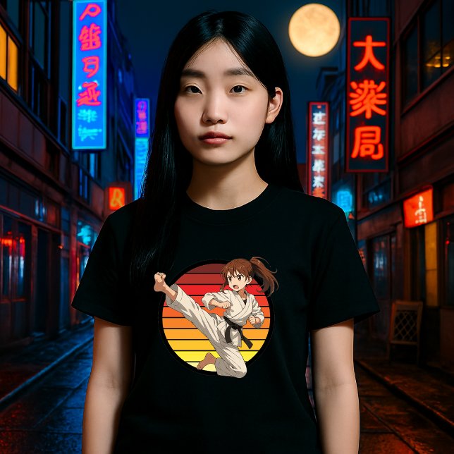 Camiseta Anime Karate Girl On Retro Sunset Template (Subido por el creador)