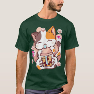 Camiseta Anime Kawaii Cat Boba Bubble Tea Women Adolescente