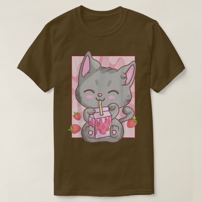 Camiseta Anime Kawaii Cat For Women Girls, Strawberry Milks (Diseño del anverso)