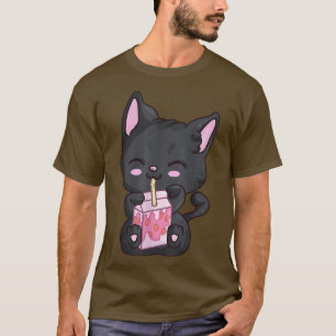 Camiseta Anime Kawaii Neko Para Mujeres Chicas, Fresa Leche