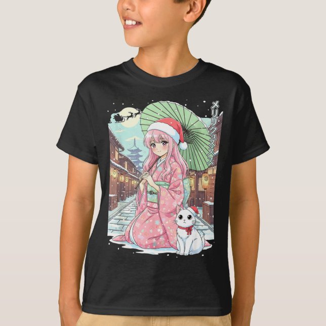 Camiseta Anime Kimono Girl Christmas Japan Cat Xmas Japan A (Anverso)