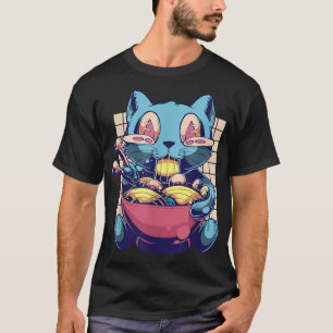 Camiseta Anime Kuwaii Gato Come Ramen Vaporwave Aestheti de
