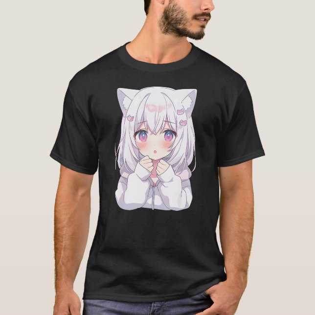 Camiseta Anime Manga Graphic Tee Kawaii Cute Shy Cat Girl (Anverso)