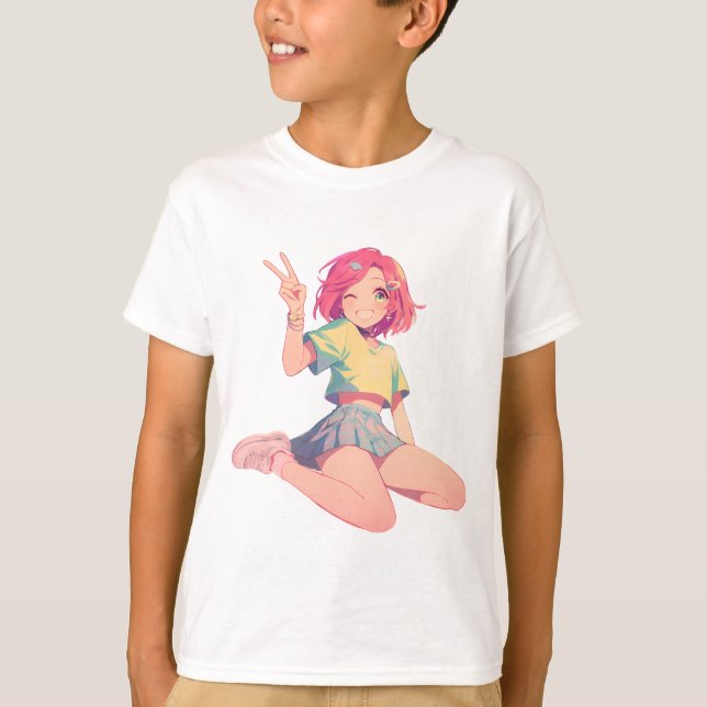 Camiseta Anime Peace Sign – Cute pink hair Anime Girl Kids  (Anverso)
