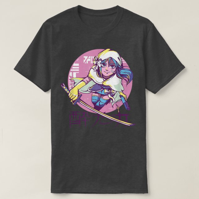 Camiseta Anime, Punk cibernético, Chica guerrero, retro kan (Diseño del anverso)
