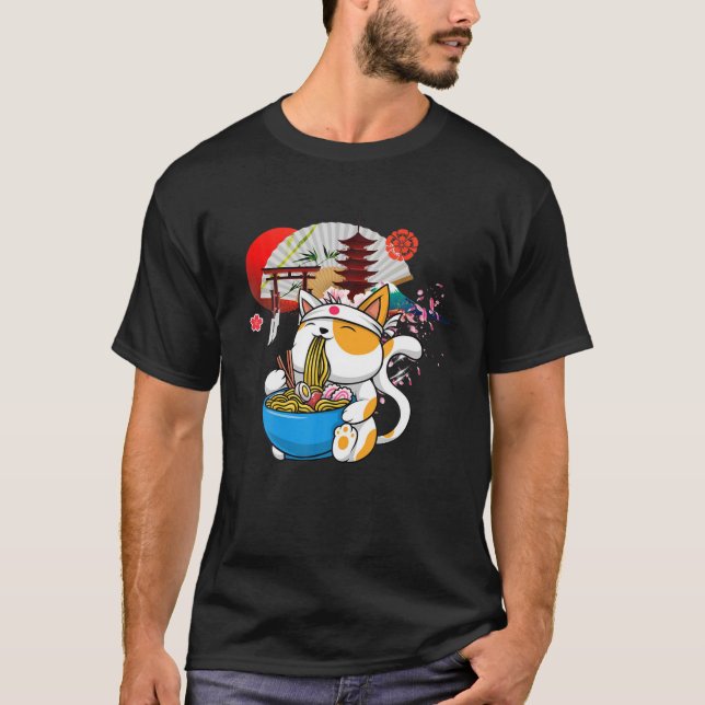 Camiseta Anime Ramen Cat Noodles Japoneses Estética Kawaii (Anverso)