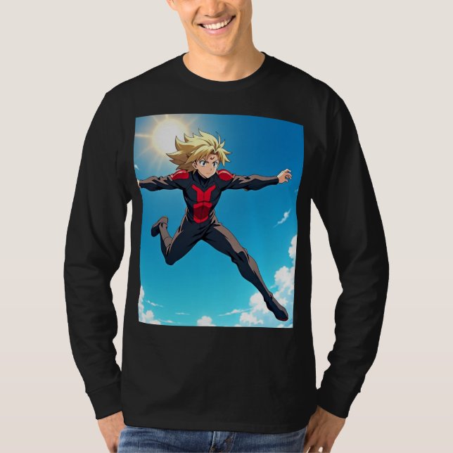 Camiseta Anime Superhéroe Volando en el Cielo – Cabello Rub (Anverso)
