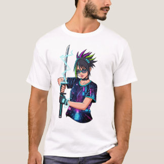 Camiseta Anime Warrior Chica - Cyberpunk Neon Katana