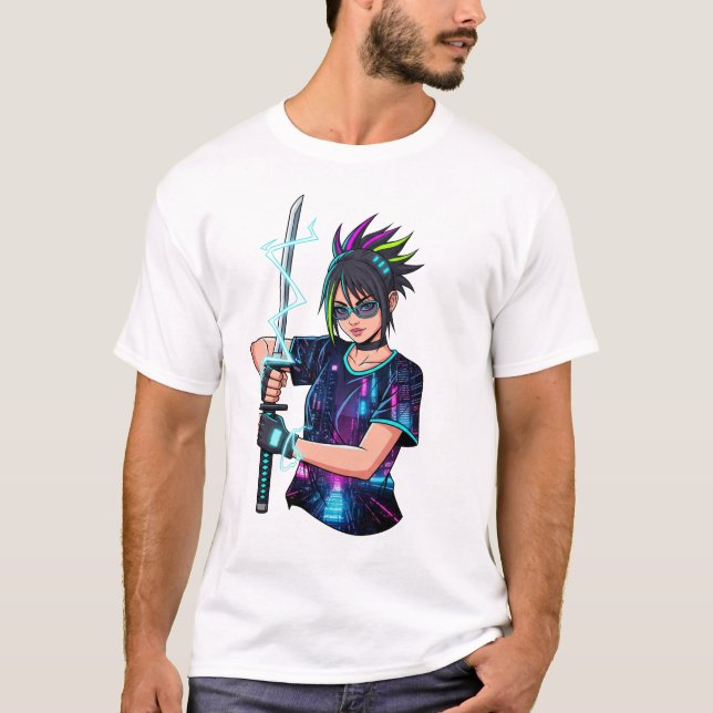 Camiseta Anime Warrior Chica - Cyberpunk Neon Katana (Anverso)