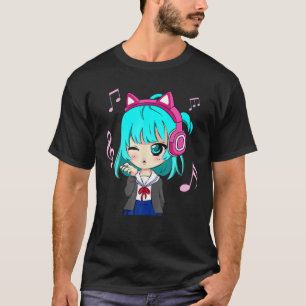 Camiseta Anime Y Chica De Música Para Teen Chibi Gráfico An