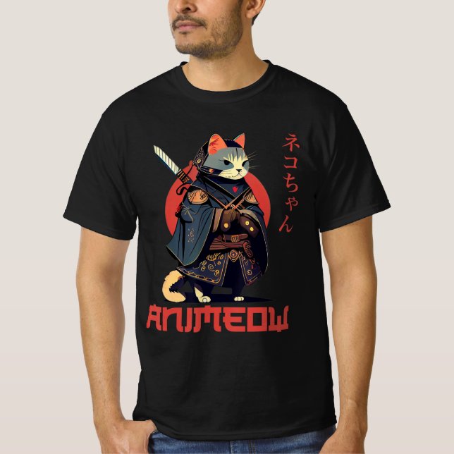 Camiseta ANIMEOW Divertido Cuto Samurai Kawaii Cat Ninja Co (Anverso)