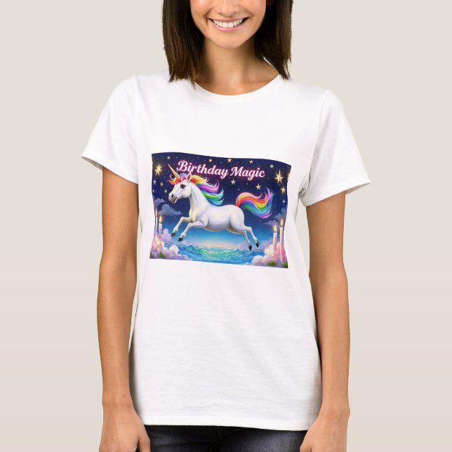Camiseta Aniversario poster mágico arte fiesta de unicornio (Anverso)