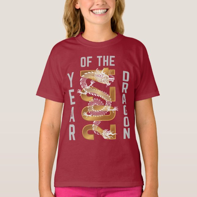 Camiseta Año del Dragón Año 2024 Blanco Gris Oro (Anverso)
