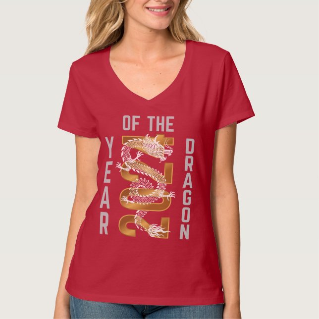 Camiseta Año del Dragón Año 2024 Blanco Gris Oro (Anverso)