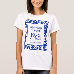 Camiseta Año Vintage Moda Floral Azul Blanco Cumpleaños