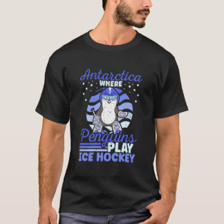 Camiseta Antártida donde los pingüinos juegan hockey sobre 