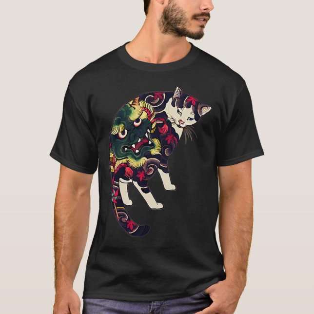 Camiseta Antiguo bloque de madera japonés Imprimir gato con (Anverso)