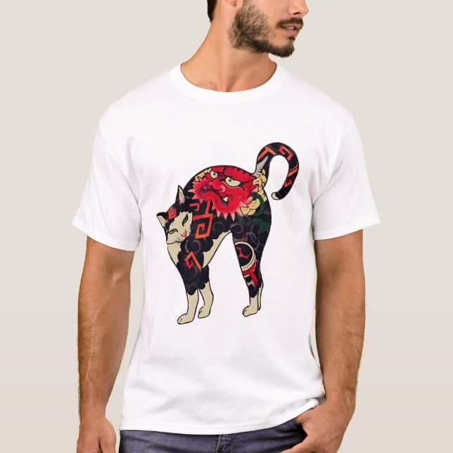 Camiseta Antiguo bloque de madera japonés Imprimir gato con (Anverso)