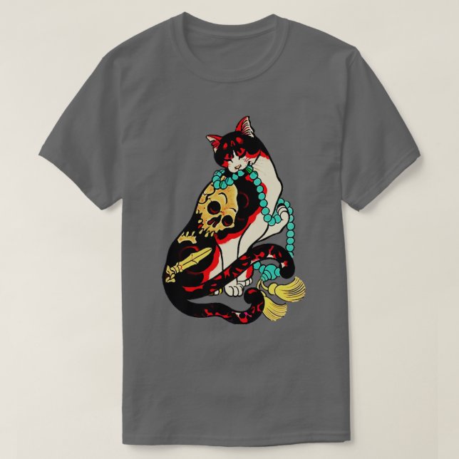 Camiseta Antiguo bloque de madera japonés Imprimir gato con (Diseño del anverso)
