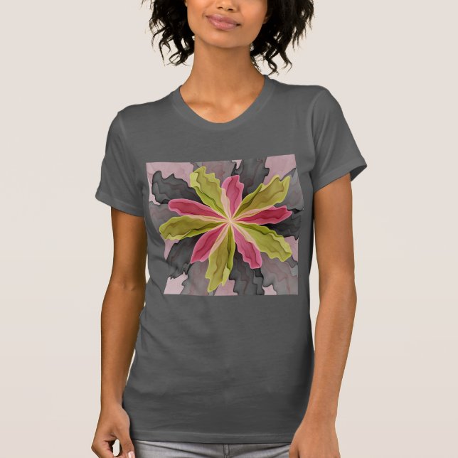 Camiseta Antracita Verde Rosa Fantasía Flor Fractal Art (Anverso)