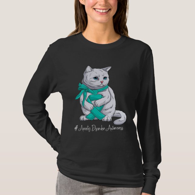 Camiseta Anxiety Disorder Awareness Month Teal Ribbon Cat (Anverso)