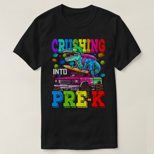 Camiseta Aplastamiento En Camión De Monstruo PreK Dinosauri (Diseño del anverso)