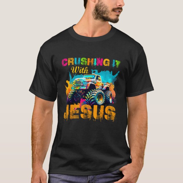Camiseta Aplastándolo Con Jesús Monstruo Cristiano Col (Anverso)
