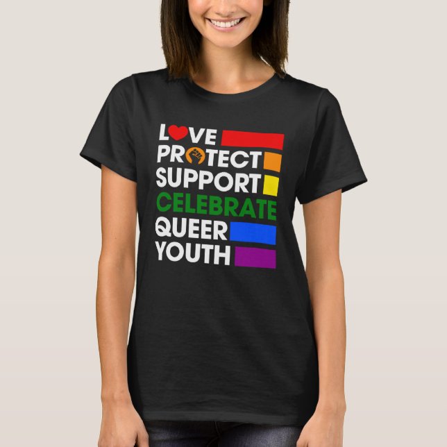 Camiseta Apoyo a Amar Proteger Celebrar la Juventud Queer L (Anverso)