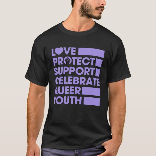 Camiseta Apoyo a Amar Proteger Celebrar la Juventud Queer L (Anverso)