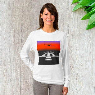 Camiseta Aproximación del avión al atardecer Luces de pista